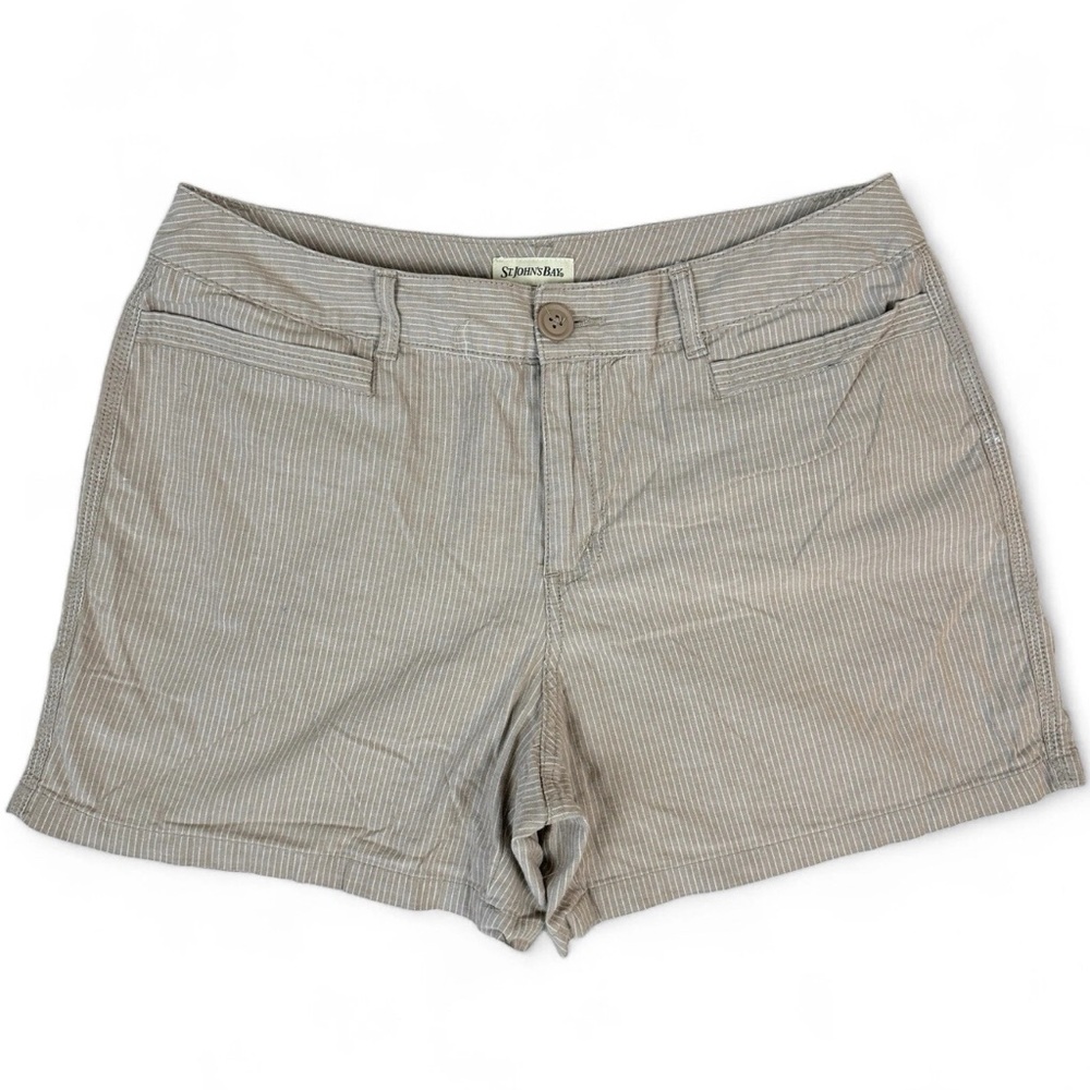 St Johns Bay Womens Shorts Size 12 Tan White Striped Flat Front
